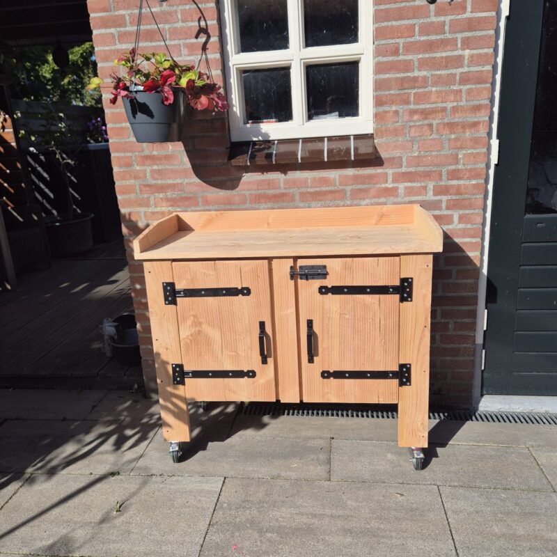 Relaxdays oppottafel op wielen, met bak & lade, tuinwerktafel, hout